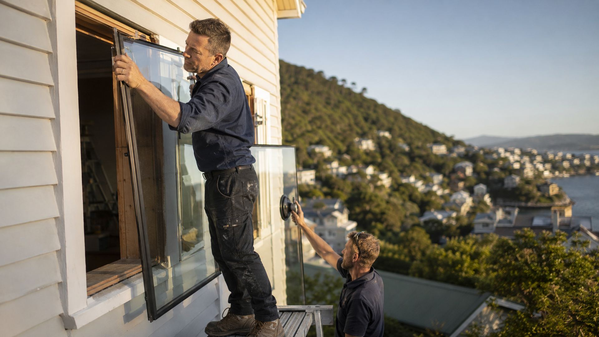 Two Window and Glass Repair Wellington glaziers fitting a new double glazed unit into a timber villa window above Wellington harbour